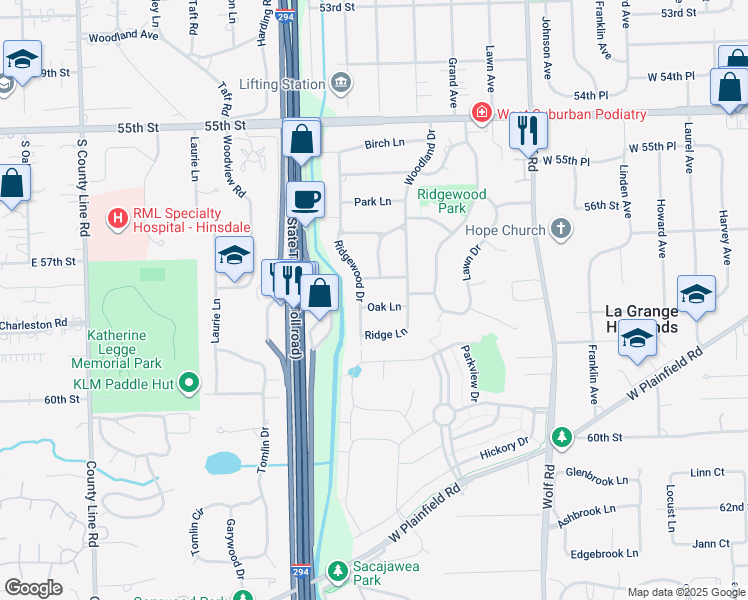 map of restaurants, bars, coffee shops, grocery stores, and more near 1114 Oak Lane in Western Springs