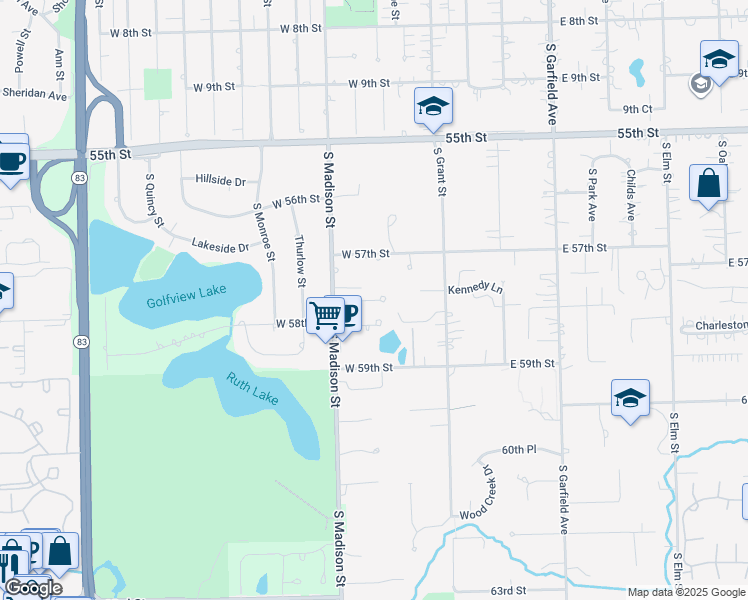 map of restaurants, bars, coffee shops, grocery stores, and more near 409 58th Place in Hinsdale