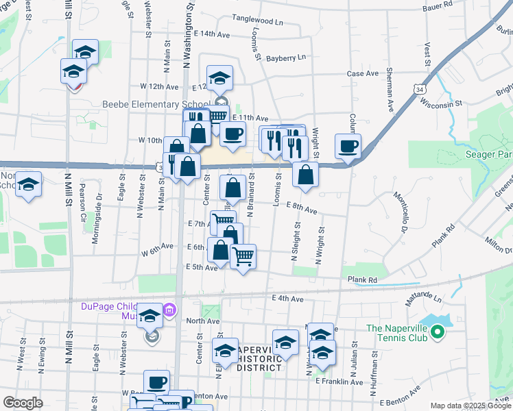map of restaurants, bars, coffee shops, grocery stores, and more near 736 North Brainard Street in Naperville