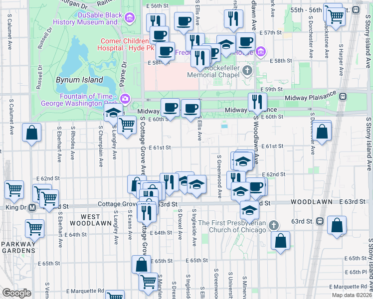 map of restaurants, bars, coffee shops, grocery stores, and more near 955 East 61st Street in Chicago