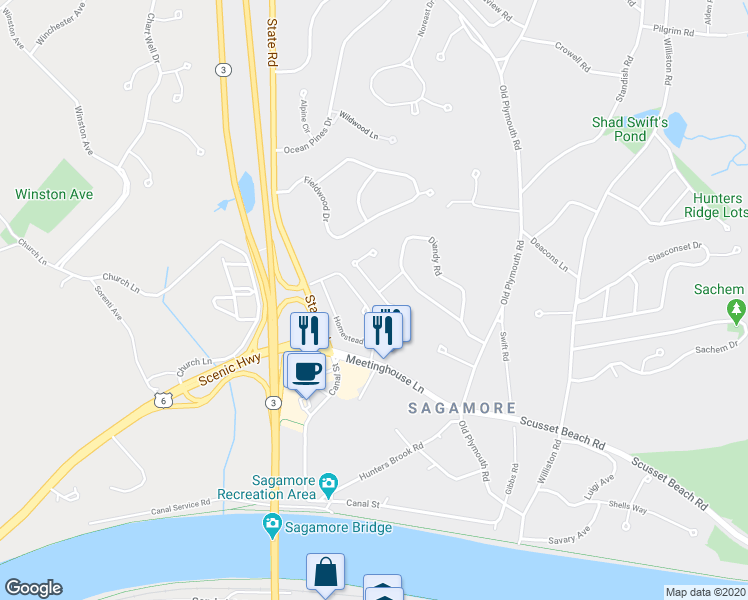 map of restaurants, bars, coffee shops, grocery stores, and more near 11 Andrew Road in Sagamore Beach