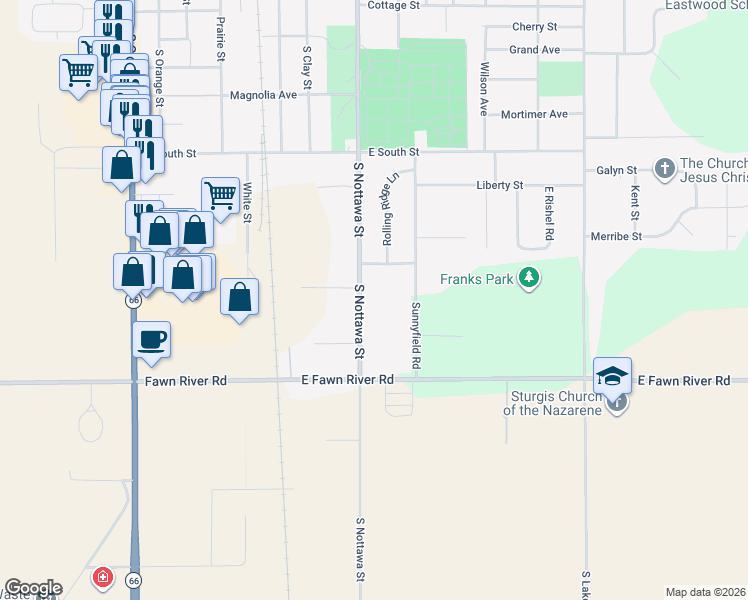 map of restaurants, bars, coffee shops, grocery stores, and more near 69819 South Nottawa Road in Sturgis