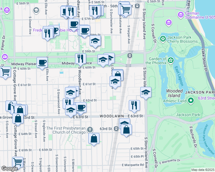 map of restaurants, bars, coffee shops, grocery stores, and more near 6107 South Kenwood Avenue in Chicago