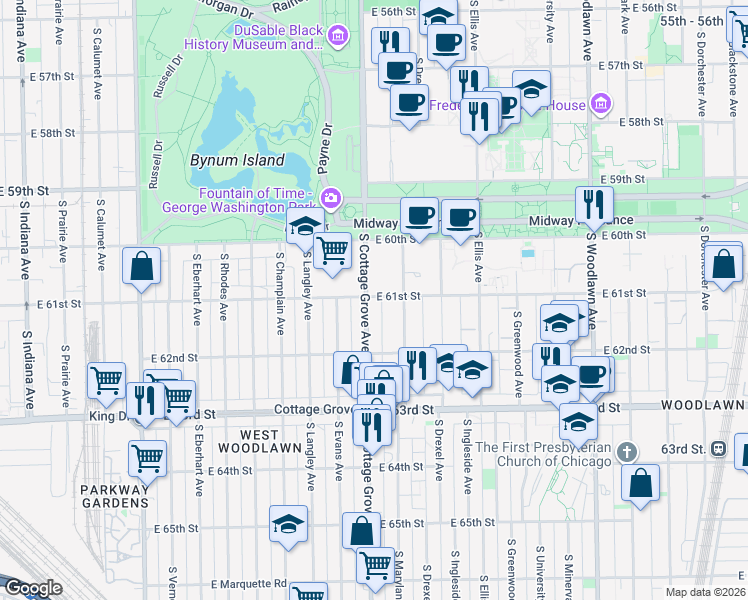 map of restaurants, bars, coffee shops, grocery stores, and more near 803 East 61st Street in Chicago