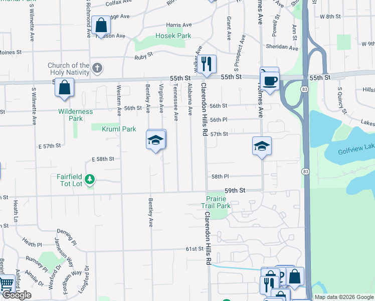 map of restaurants, bars, coffee shops, grocery stores, and more near 5740 Alabama Avenue in Clarendon Hills