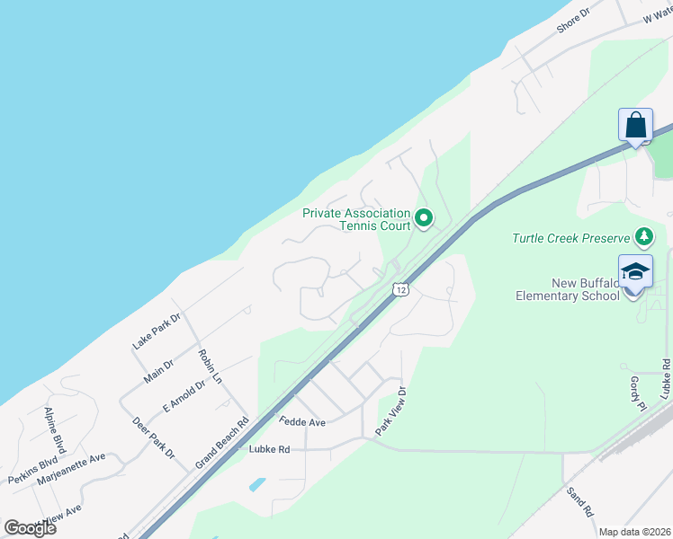 map of restaurants, bars, coffee shops, grocery stores, and more near 18526 Dunecrest Drive in New Buffalo