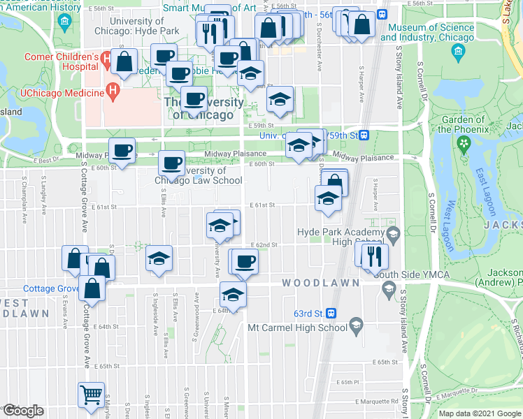 map of restaurants, bars, coffee shops, grocery stores, and more near 6100 South Kimbark Avenue in Chicago