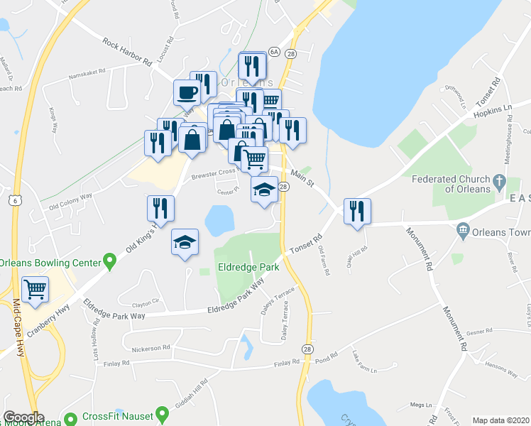 map of restaurants, bars, coffee shops, grocery stores, and more near 70 Massachusetts 28 in Orleans