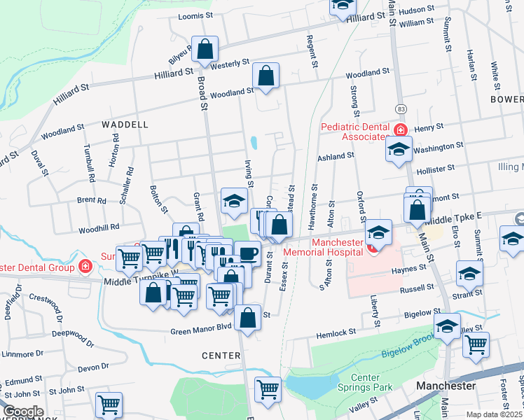 map of restaurants, bars, coffee shops, grocery stores, and more near 55 Irving Street in Manchester