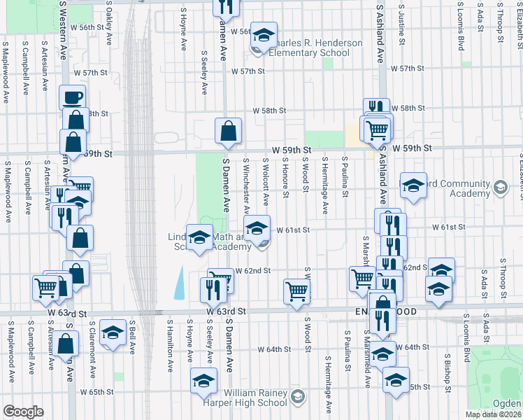 map of restaurants, bars, coffee shops, grocery stores, and more near 6028 South Wolcott Avenue in Chicago