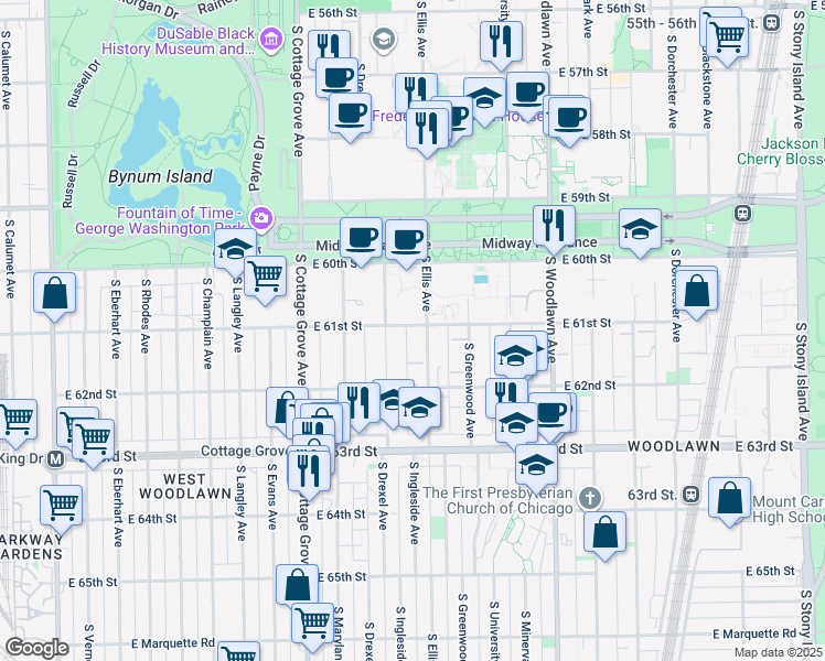 map of restaurants, bars, coffee shops, grocery stores, and more near 965 East 61st Street in Chicago