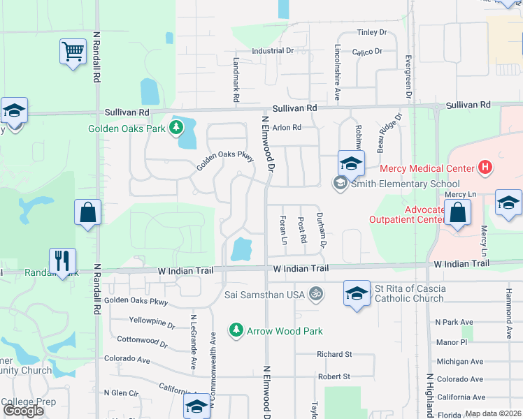 map of restaurants, bars, coffee shops, grocery stores, and more near 1350 North Elmwood Drive in Aurora