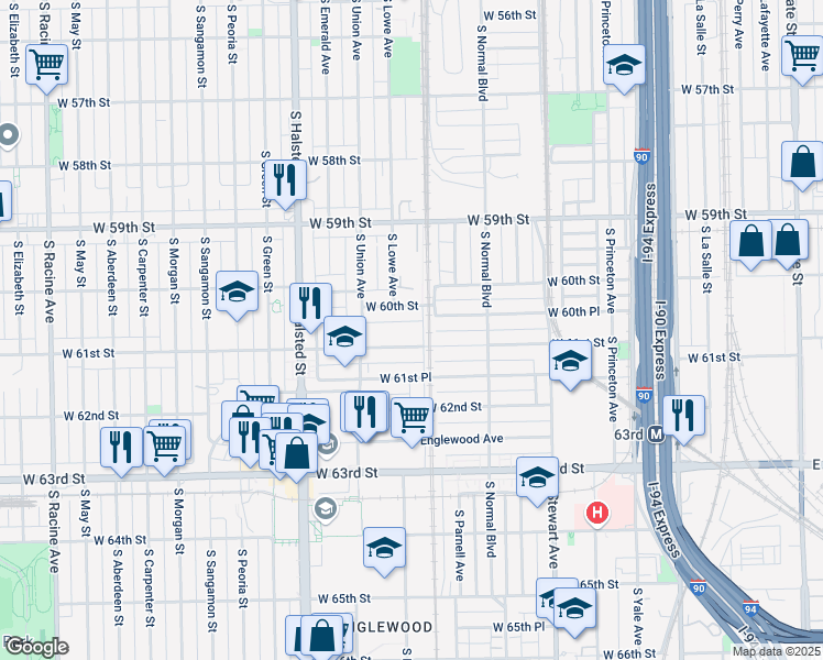 map of restaurants, bars, coffee shops, grocery stores, and more near 6036 South Wallace Avenue in Chicago