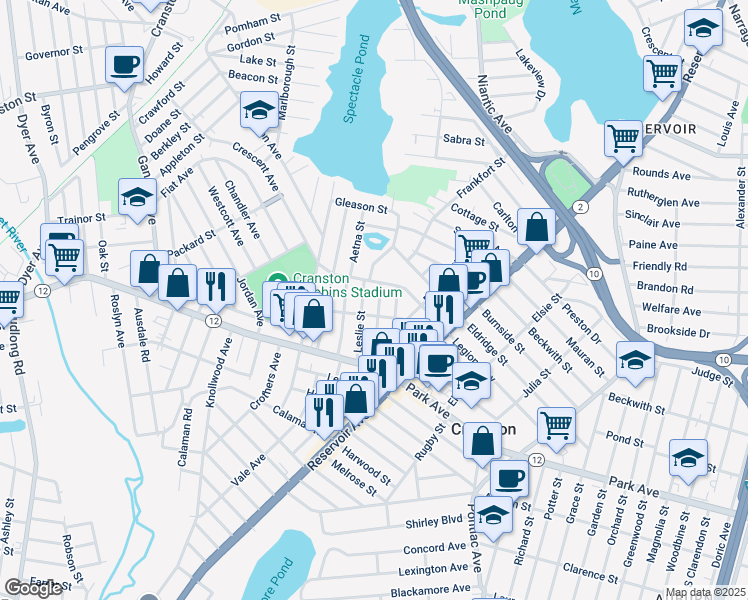 map of restaurants, bars, coffee shops, grocery stores, and more near 75 Pershing Street in Cranston