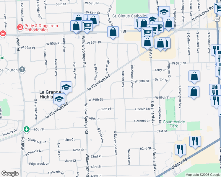 map of restaurants, bars, coffee shops, grocery stores, and more near 5827 South Edgewood Avenue in Countryside