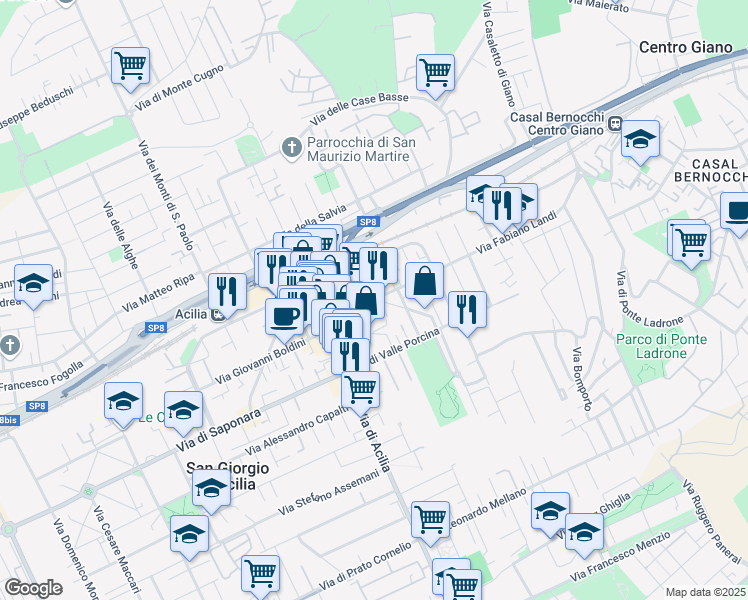 map of restaurants, bars, coffee shops, grocery stores, and more near 55 Via Antonio da Gaeta in Città metropolitana di Roma Capitale