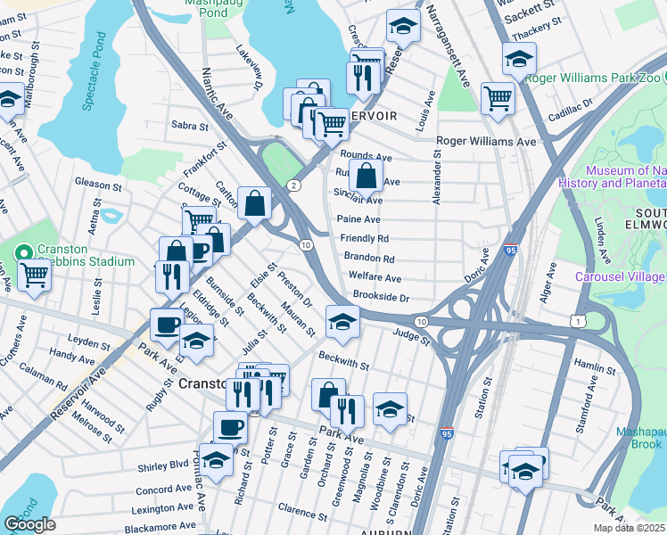 map of restaurants, bars, coffee shops, grocery stores, and more near 145 Pontiac Avenue in Cranston