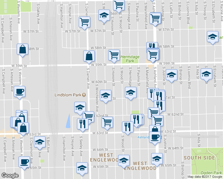 map of restaurants, bars, coffee shops, grocery stores, and more near 6028 South Honore Street in Chicago