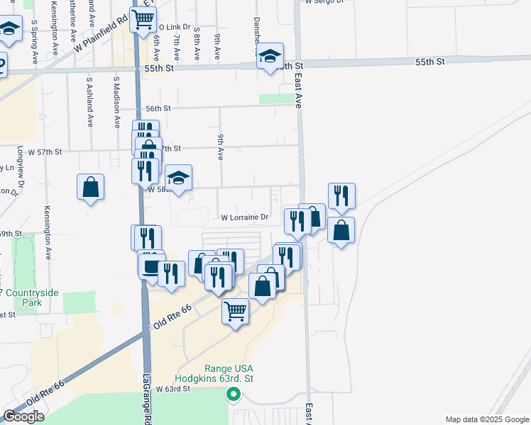map of restaurants, bars, coffee shops, grocery stores, and more near 5812 Rose Avenue in Countryside
