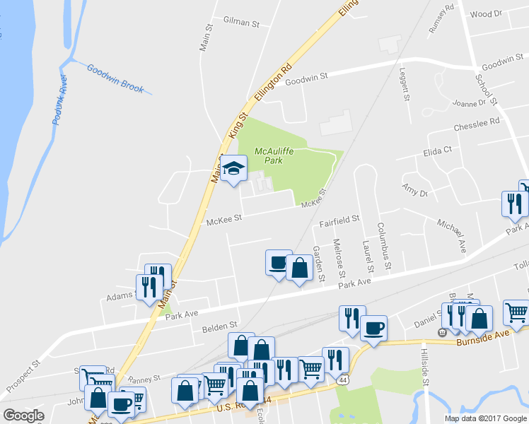 map of restaurants, bars, coffee shops, grocery stores, and more near 86 Mc Kee Street in East Hartford