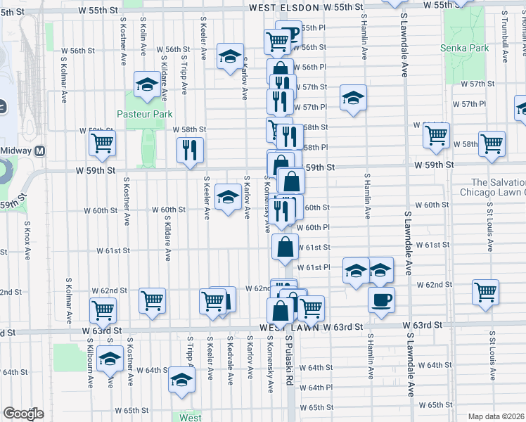 map of restaurants, bars, coffee shops, grocery stores, and more near 6000 South Komensky Avenue in Chicago