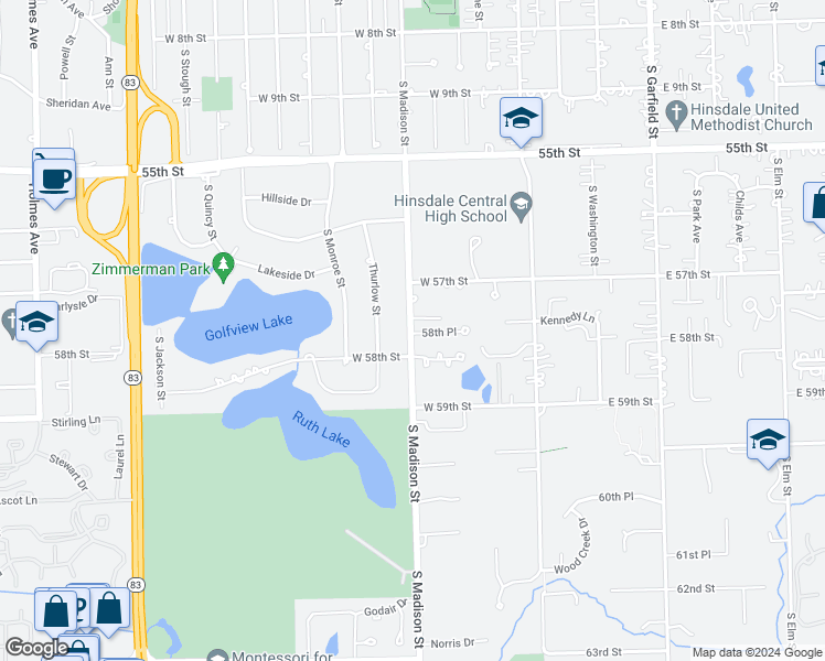 map of restaurants, bars, coffee shops, grocery stores, and more near 455 58th Place in Hinsdale