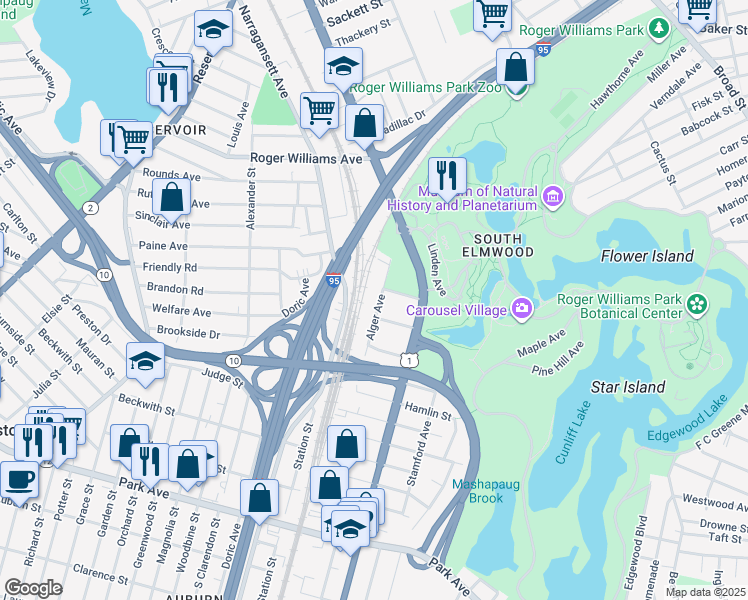 map of restaurants, bars, coffee shops, grocery stores, and more near 53 Alger Avenue in Providence