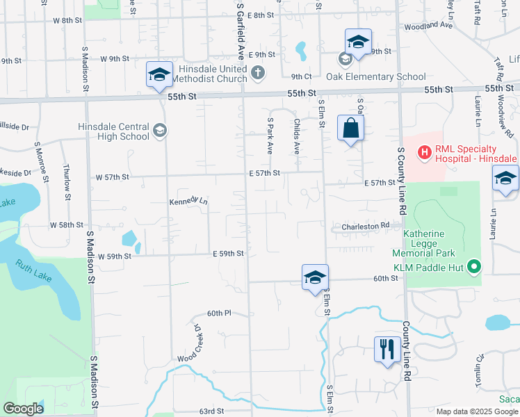 map of restaurants, bars, coffee shops, grocery stores, and more near 5732 Giddings Avenue in Hinsdale