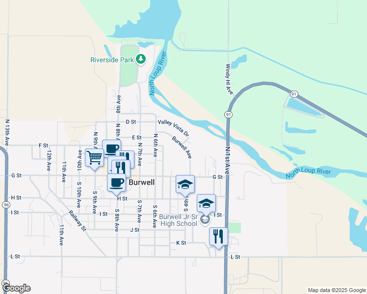 map of restaurants, bars, coffee shops, grocery stores, and more near Burwell Avenue in Burwell