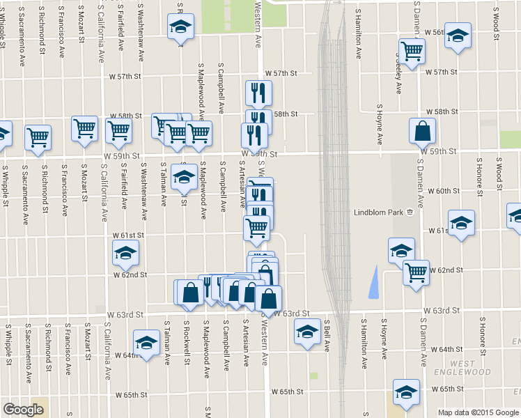 map of restaurants, bars, coffee shops, grocery stores, and more near 6020 South Western Avenue in Chicago