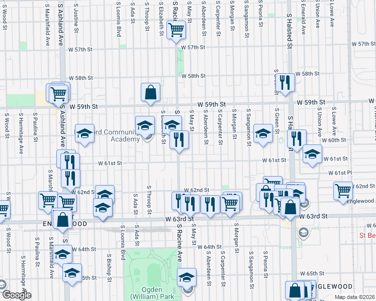 map of restaurants, bars, coffee shops, grocery stores, and more near 6036 South May Street in Chicago