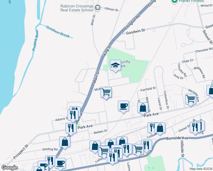 map of restaurants, bars, coffee shops, grocery stores, and more near 50 Mc Kee Street in East Hartford