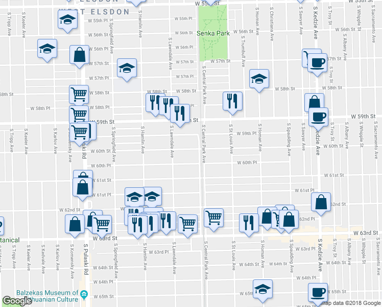 map of restaurants, bars, coffee shops, grocery stores, and more near 3621 W 60th St in Chicago