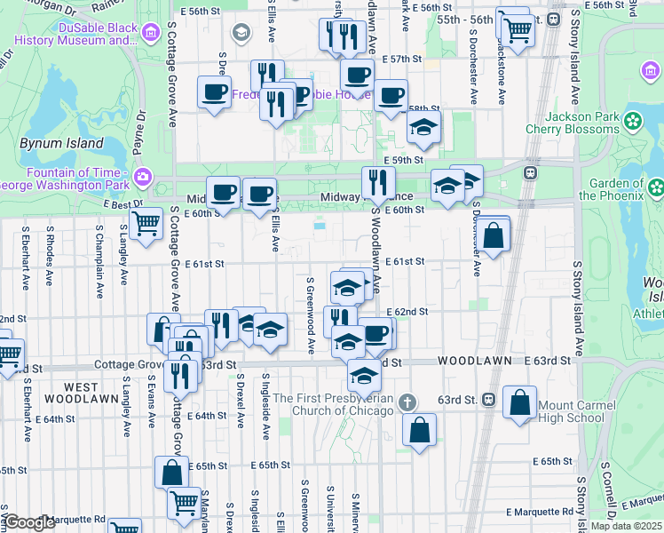 map of restaurants, bars, coffee shops, grocery stores, and more near 1125 East 61st Street in Chicago
