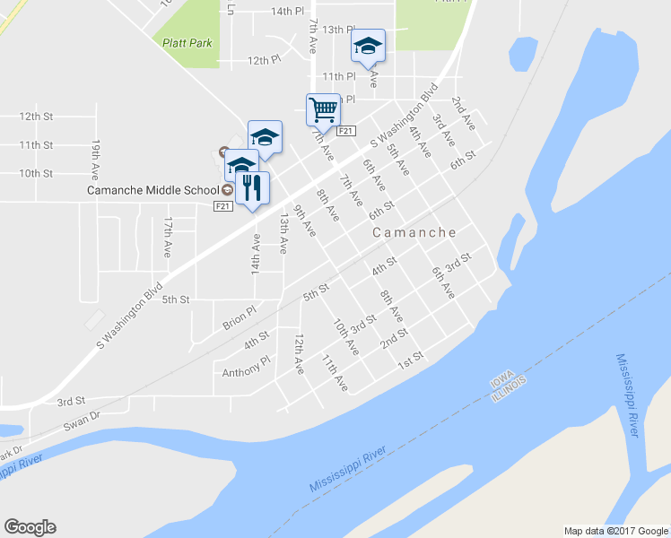map of restaurants, bars, coffee shops, grocery stores, and more near 5th Street in Camanche