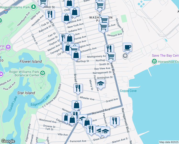 map of restaurants, bars, coffee shops, grocery stores, and more near 259 Narragansett Street in Cranston