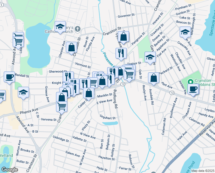 map of restaurants, bars, coffee shops, grocery stores, and more near 1369 Park Avenue in Cranston