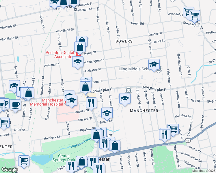 map of restaurants, bars, coffee shops, grocery stores, and more near 59 Middle Turnpike East in Manchester