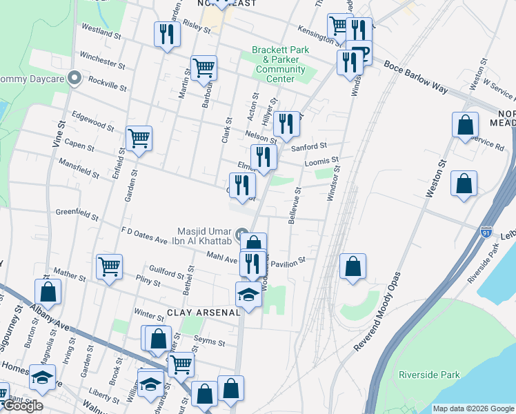 map of restaurants, bars, coffee shops, grocery stores, and more near in Hartford