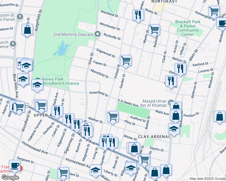 map of restaurants, bars, coffee shops, grocery stores, and more near 515 Garden Street in Hartford