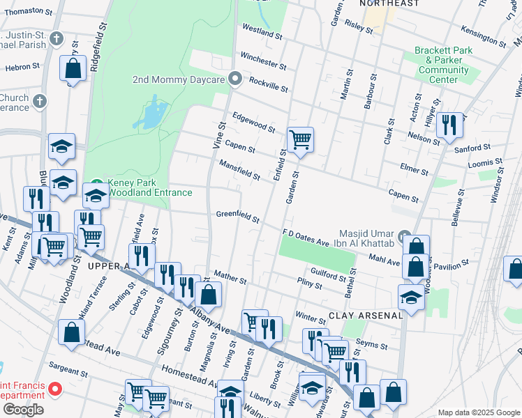 map of restaurants, bars, coffee shops, grocery stores, and more near 42-44 Greenfield Street in Hartford