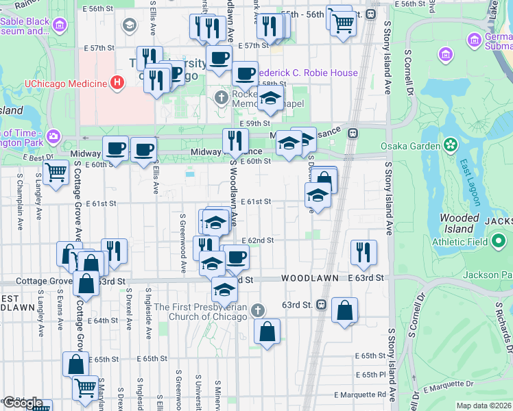 map of restaurants, bars, coffee shops, grocery stores, and more near 6100 South Kimbark Avenue in Chicago