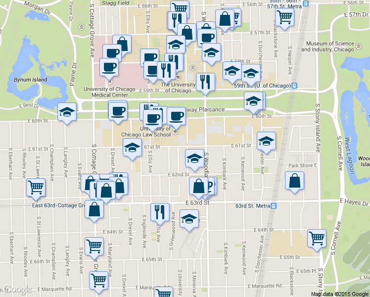map of restaurants, bars, coffee shops, grocery stores, and more near 1125 East 61st Street in Chicago