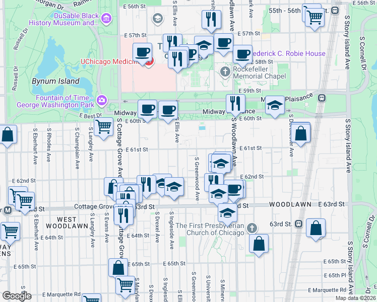 map of restaurants, bars, coffee shops, grocery stores, and more near 1027 East 61st Street in Chicago