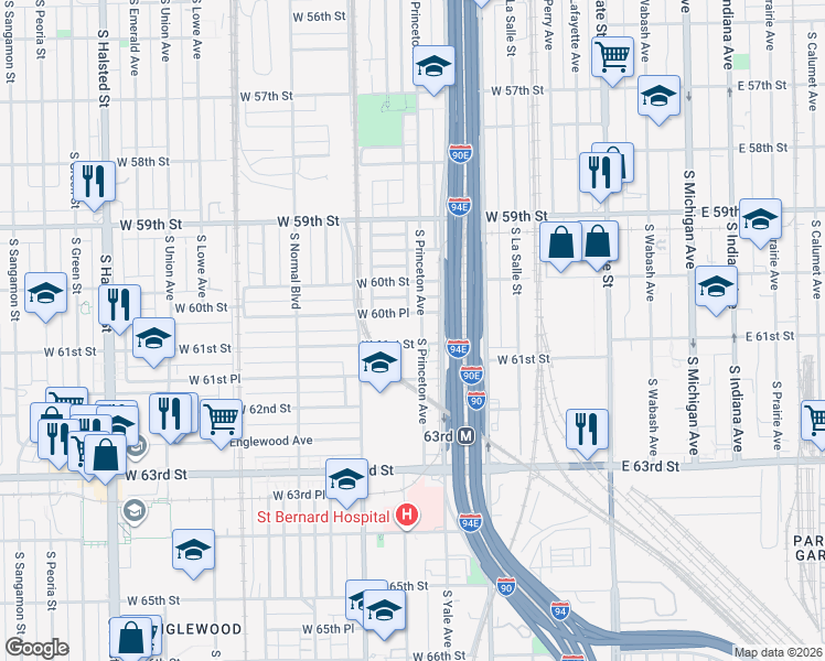 map of restaurants, bars, coffee shops, grocery stores, and more near 6046 South Princeton Avenue in Chicago