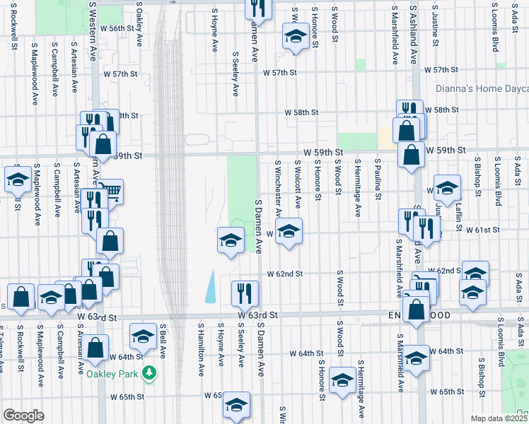 map of restaurants, bars, coffee shops, grocery stores, and more near 6027 South Damen Avenue in Chicago