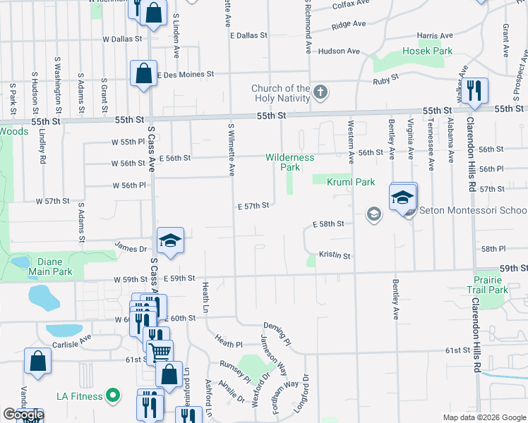 map of restaurants, bars, coffee shops, grocery stores, and more near 233 East 57th Street in Westmont
