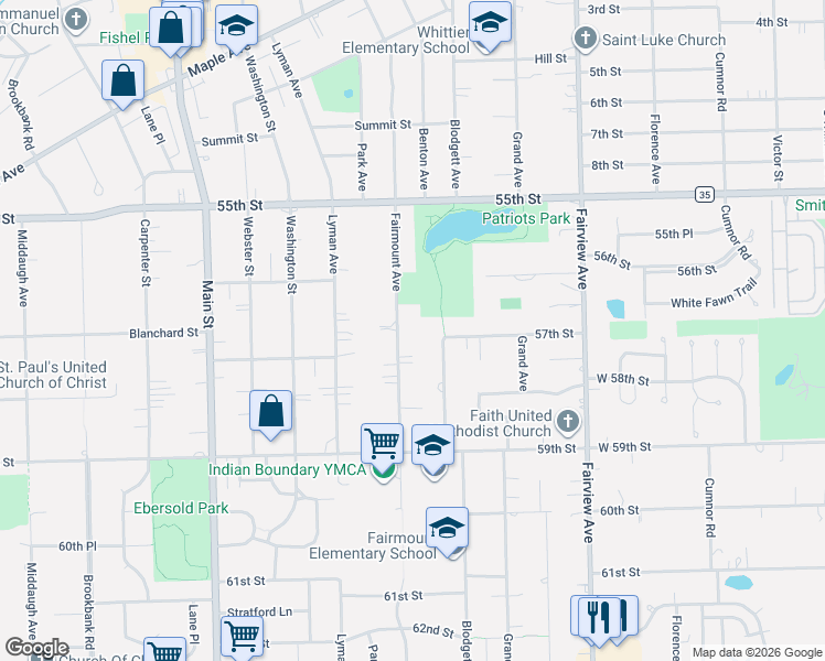 map of restaurants, bars, coffee shops, grocery stores, and more near 612 57th Street in Downers Grove