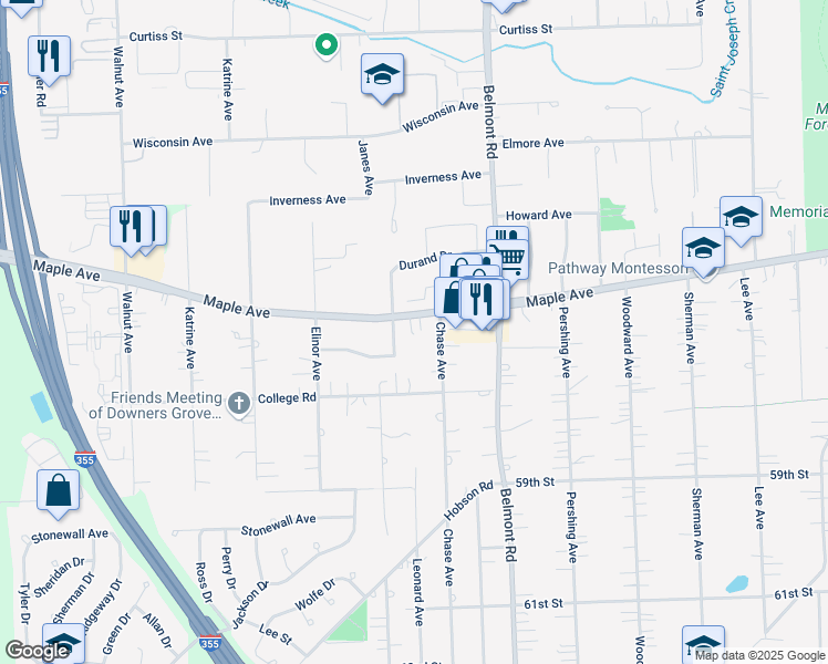 map of restaurants, bars, coffee shops, grocery stores, and more near 5601 Durand Drive in Downers Grove