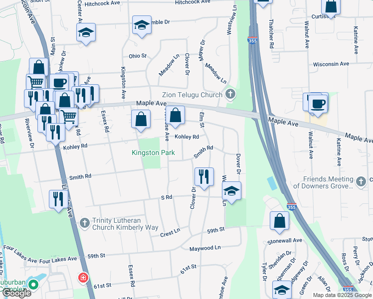map of restaurants, bars, coffee shops, grocery stores, and more near 606 Smith Road in Lisle